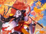  1girl absurdres alexi_ansell amputee artist_name autumn_leaves baiken breasts cleavage dated eyepatch guilty_gear guilty_gear_strive highres holding holding_weapon japanese_clothes katana kimono large_breasts long_hair looking_at_viewer looking_down mouth_hold over_shoulder pink_hair ponytail rope rope_belt sash skull_print solo stalk_in_mouth sword tied_hair tree weapon weapon_over_shoulder wind 