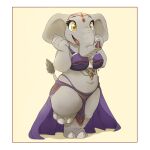  2021 absurd_res anthro border breasts clothed clothing digital_media_(artwork) elephant elephantid female grey_body hi_res louart mammal midriff open_mouth open_smile proboscidean signature simple_background smile solo white_border yellow_background yellow_eyes 