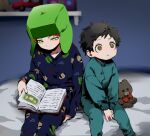  2boys bed black_hair book brothers brown_eyes fur_hat green_eyes hat highres holding holding_book ike_broflovski kyle_broflovski lktt multiple_boys open_book pajamas red_hair short_hair siblings sitting south_park stuffed_animal stuffed_toy teddy_bear ushanka 