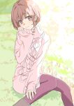  1girl azusagawa_kaede boots brown_eyes brown_footwear brown_hair highres looking_at_viewer pink_sweater purple_legwear ribbed_sweater seishun_buta_yarou short_hair sleeves_past_wrists smile solo sweater tamura_satomi thighhighs 