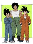  3boys alternate_costume ankle_boots arms_at_sides belt belt_buckle black_eyes black_footwear black_hair blue_belt blue_footwear blue_jumpsuit blue_wristband boots border broly_(dragon_ball_super) buckle clothes_around_waist cross-laced_footwear crossed_arms dark-skinned_male dark_skin dragon_ball dragon_ball_super dragon_ball_super_broly dragon_ball_z expressionless full_body green_background green_jacket green_jumpsuit grey_footwear hands_in_pockets height_difference highres jacket jacket_around_waist jumpsuit kz_(dbz_kz) lineup looking_at_viewer male_focus medium_hair messy_hair multiple_boys muscular muscular_male open_belt orange_jumpsuit partially_unzipped pectorals scar scar_on_arm scar_on_face serious shirt shoes sideways_glance simple_background sleeves_rolled_up smile sneakers son_goku spiked_hair standing undershirt vegeta white_border white_shirt wristband zipper 