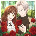  1boy 1girl :d absurdres bangs black_shirt brown_hair brown_jacket flower forest glasses green_eyes highres holding holding_flower jacket long_hair long_sleeves nature open_mouth pixelhachi polo_shirt red_flower red_jacket red_rose rosa_(tears_of_themis) rose shirt short_hair smile tears_of_themis turtleneck vyn_richter_(tears_of_themis) watermark white_hair white_shirt 