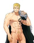  1boy abs bara blonde_hair chest_tattoo fairy_tail highres large_pectorals large_penis laxus_dreyar looking_at_viewer male_focus male_pubic_hair mature_male muscular muscular_male navel nipples pangpang_19 pectorals penis pubic_hair scar scar_across_eye scar_on_face short_hair smile solo spiked_hair tattoo thick_thighs thighs 