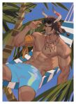  1boy abs amo_(amo9612) animal_ears arknights bara brown_eyes brown_hair cow_boy cow_ears cow_horns highres horns looking_at_viewer male_focus male_swimwear matterhorn_(arknights) matterhorn_(beach_guard)_(arknights) mature_male muscular muscular_male navel nipples pectorals solo sunglasses 