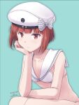  1girl blue_background breasts brown_eyes character_name clothes_writing dated eyebrows_visible_through_hair hat kantai_collection nao_(nao_eg) red_hair sailor_bikini sailor_collar sailor_hat short_hair signature simple_background small_breasts solo z3_max_schultz_(kancolle) 