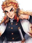  1boy black_jacket blonde_hair cape closed_mouth commentary_request hand_up highres jacket katana kimetsu_no_yaiba long_hair long_sleeves looking_at_viewer male_focus multicolored_hair red_eyes red_hair rengoku_kyoujurou sheath sheathed simple_background smile solo streaked_hair sword thick_eyebrows townoise upper_body weapon white_background white_cape 