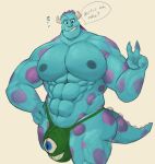  animal_humanoid anthro big_pecs blue_body blue_fur bulge clothing disney fur horn horned_humanoid humanoid khronosz male mammal mammal_humanoid monster monsters_inc muscular muscular_male pecs pixar purple_spots simple_background smile spots sulley underwear 