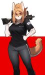  1girl absurdres ahoge animal_ears artist_name blonde_hair feet_out_of_frame fox_ears fox_girl fox_tail frown fur furry furry_female gun highres holding holding_gun holding_weapon original pants pgm300 ponytail red_background red_eyes shirt short_sleeves simple_background solo south_korean_flag standing tail two-tone_background watermark weapon white_background white_fur 