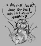  &lt;3 anus arthropod arthropod_abdomen bee blush bodily_fluids breasts dialogue dialogue_box female genital_fluids genitals hymenopteran insect lying non-mammal_breasts on_back pussy pussy_juice requested_sex simple_background solo stinger totalgary wings 