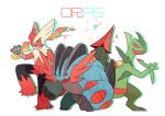  blaziken claws closed_mouth colored_sclera commentary_request green_eyes hand_up jaho leg_up mega_blaziken mega_pokemon mega_sceptile mega_swampert open_mouth pokemon pokemon_(creature) sceptile standing standing_on_one_leg swampert yellow_sclera 