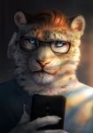  anthro black_spots brown_hair clothed clothing digital_media_(artwork) eyewear felid fur glasses grey_body grey_fur hair hi_res holding_object holding_phone looking_at_viewer male mammal pantherine phone snow_leopard solo spots spotted_body spotted_fur whiskers wolnir 