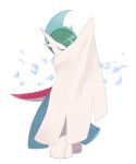  arm_up blade blurry closed_eyes commentary_request covering_mouth full_body gallade jaho mega_gallade mega_pokemon pokemon pokemon_(creature) solo spikes standing white_background 