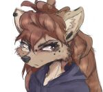  anthro apogee_(tinygaypirate) black_nose brown_body brown_eyes brown_fur brown_hair bust_portrait canid canine canis cheek_tuft clothing domestic_dog ear_piercing eyelashes facial_piercing facial_tuft female frown fur furgonomics furry-specific_piercing gauged_ear hair hoodie inner_ear_fluff long_hair looking_aside mammal muzzle_piercing nose_piercing piercing portrait simple_background solo spitz tinygaypirate topwear tuft white_background 