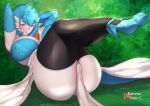  1girl ass aster_crowley bangs black_legwear blue_footwear blue_hair blush breasts closed_mouth eyebrows_visible_through_hair gardevoir high_heels highres large_breasts legs_up looking_at_viewer lying on_back outdoors pokemon smile solo thighhighs thighs yellow_eyes 