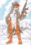 abs anthro barefoot black_nose clothed clothing daigaijin feet felid female fur genitals gun hair hi_res holding_gun holding_object holding_weapon mammal navel nipple_piercing nipples open_clothing open_mouth open_topwear open_vest orange_body orange_fur outside pantherine piercing pussy ranged_weapon red_eyes red_hair rifle snow solo tiger topwear vest weapon 