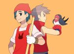  2boys apron bandana bare_arms bird bird_keeper_(pokemon) brown_hair closed_mouth commentary_request gloves hand_up holding jaho male_focus multiple_boys one_eye_closed orange_background pokemon pokemon_(creature) pokemon_(game) pokemon_breeder_(pokemon) pokemon_oras red_apron red_gloves red_vest shirt short_hair short_sleeves simple_background smile taillow vest white_gloves white_shirt 