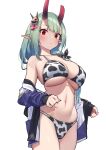  1girl :o absurdres akari_(baffu) animal_print baffu bangs bare_hips bare_shoulders bikini breasts broken_horn cleavage clothes_removed cow_print green_hair hair_ornament highres horns jacket jacket_partially_removed large_breasts looking_at_viewer oni oni_horns original partially_undressed plump pointy_ears red_eyes red_horns solo swimsuit thick_thighs thighhighs thighs underboob 