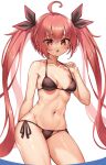  1girl ahoge bikini black_bikini black_ribbon breasts collarbone commentary commission date_a_live eyebrows_visible_through_hair hair_between_eyes hair_ribbon itsuka_kotori kaptivate long_hair looking_at_viewer medium_breasts navel open_mouth red_eyes red_hair ribbon solo swimsuit thighs twintails very_long_hair 