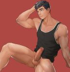  1boy arm_support arm_up bangs bara bare_arms bare_shoulders black_hair black_tank_top bottomless censored collarbone erection hand_on_own_head highres large_penis looking_away male_focus male_pubic_hair mosaic_censoring muscular muscular_male naoki_(xhju8282) original penis pubic_hair red_background sanpaku short_hair simple_background sitting solo spread_legs tank_top testicles 