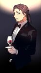  1boy alcohol bara bow bowtie brown_eyes brown_hair cup drinking_glass facial_hair fate/grand_order fate_(series) formal gloves goatee hector_(fate) lj9mcww1oseiibw looking_at_viewer male_focus mature_male open_mouth ponytail smile solo suit tuxedo white_gloves wine wine_glass 