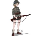  1girl ammunition_pouch bangs blonde_hair blue_eyes bolt_action boots braid braided_ponytail brown_footwear closed_mouth full_body green_shirt green_skirt gun hat helmet holding holding_gun holding_weapon long_hair m/26 military military_hat military_uniform original ostwindprojekt pouch rifle shirt simple_background single_braid skirt sleeves_rolled_up solo standing sweden uniform weapon white_background 