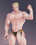  1boy abs bara bare_shoulders blonde_hair camouflage_underwear closed_mouth hatta_haigha highres large_pectorals looking_at_viewer male_focus mature_male muscular muscular_male navel nipples pectorals poke_ball poke_ball_(basic) pokemon pokemon_(game) pokemon_frlg pokemon_gsc pokemon_hgss pokemon_lgpe pokemon_rgby short_hair smile solo spiked_hair surge_(pokemon) thighs 
