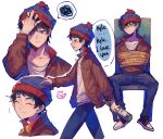  1boy alcohol beanie black_hair blue_eyes blush bottle bound brown_jacket drunk hat highres jacket nocolour restrained rope short_hair sitting smile south_park stan_marsh tears 