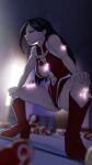  1girl areolae bare_shoulders bent_over black_hair blurry blurry_background blurry_foreground bodysuit boku_no_hero_academia boots breasts center_opening cleavage commentary depth_of_field english_commentary female_pubic_hair greatm8 grey_eyes hair_pulled_back half-closed_eyes hands_on_own_knees high_heel_boots high_heels highres indoors labia large_breasts long_hair matryoshka_doll midriff navel nipple_slip nipples ponytail pubic_hair pubic_hair_peek pussy pussy_juice pussy_peek red_footwear solo source_filmmaker_(medium) squatting sweat yaoyorozu_momo 