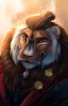  2021 brown_hair digital_media_(artwork) felid hair headshot_portrait hi_res lion looking_at_viewer mammal pantherine portrait smile wolnir 