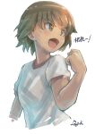  1girl :d artist_name bangs brown_eyes brown_hair catchphrase clenched_hand commentary cropped_torso girls_und_panzer gym_shirt gym_uniform highres isobe_noriko kuroneko_douji looking_to_the_side open_mouth shirt short_hair short_sleeves signature simple_background sketch smile solo translated upper_body white_background white_shirt 