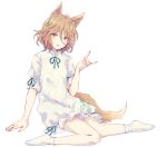  1girl animal_ears blonde_hair blush brown_eyes finger_touching fox_ears fox_girl fox_shadow_puppet full_body green_ribbon highres kudamaki_tsukasa mandarin_collar open_mouth ribbon romper short_hair short_sleeves simple_background sitting socks touhou uranaishi_(miraura) white_background white_legwear 