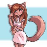  anthro black_nose blue_background blush breasts brown_body brown_fur brown_hair cheek_tuft clothing domestic_cat dress ear_piercing eyelashes facial_tuft felid feline felis female fur gauged_ear hair hair_over_eye hi_res inner_ear_fluff long_hair looking_at_viewer mammal one_eye_obstructed piercing raised_arm red_eyes simple_background solo standing tinygaypirate tuft white_background 