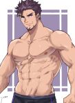  1boy abs bara bare_shoulders closed_mouth facial_hair goatee highres looking_at_viewer male_focus mature_male muscular muscular_male navel nipples original pectorals purple_eyes sideburns smile solo yani_(yano_023) 