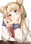  1girl bangs bishoujo_senshi_sailor_moon blonde_hair blue_eyes blue_sailor_collar blush bow bowtie closed_mouth double_bun earrings eyebrows_visible_through_hair highres jewelry long_hair long_sleeves looking_at_viewer own_hands_together red_bow red_bowtie ryota_(ry_o_ta) sailor_collar shirt signature simple_background solo tsukino_usagi upper_body white_background white_shirt 