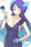  adapted_costume backless_outfit bare_back blue_fire breasts brighid_(xenoblade) chest_jewel curvy dress elbow_gloves fiery_hair fire gala_dress gloves gofelem large_breasts long_hair purple_dress purple_eyes purple_hair very_long_hair xenoblade_chronicles_(series) xenoblade_chronicles_2 
