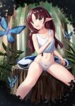  1girl absurdres ahoge akinakesu-chan animal arknights bangs bare_arms bare_shoulders blurry blurry_background blurry_foreground bow bow_panties breasts brown_hair bug butterfly depth_of_field eyebrows_visible_through_hair feet_out_of_frame forest green_eyes hand_up highres long_hair looking_at_viewer myrtle_(arknights) nature navel open_mouth outdoors panties parted_bangs pointy_ears small_breasts solo tank_top tree tree_stump underwear very_long_hair wavy_mouth white_panties white_tank_top 