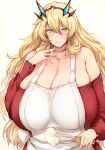  1girl apron bangs bare_shoulders blonde_hair blush breasts cleavage collarbone cream fairy_knight_gawain_(fate) fate/grand_order fate_(series) green_eyes highres horns huge_breasts long_hair long_sleeves looking_at_viewer off-shoulder_sweater off_shoulder red_sweater smile solo sweater tongue tongue_out tsukasawa_takamatsu whisk white_apron 
