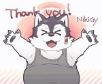  2021 animated anthro band-aid bandage belly biped black_body black_fur blush canid canine canis clothing eyes_closed fur humanoid_hands kemono male mammal nikiciy overweight overweight_male shirt solo tail_motion tailwag topwear white_body white_fur wolf 