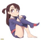  1girl bangs barefoot bell brown_hair closed_mouth collar dress from_side full_body hand_on_own_leg highres kagari_atsuko legs_together little_witch_academia long_hair looking_at_viewer neck_ribbon on_floor once_11h purple_dress purple_footwear purple_hood purple_ribbon red_eyes ribbon shirt simple_background sitting smile solo tied_hair white_background white_shirt 