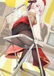  1girl absurdres ass azur_lane bangs bare_shoulders belfast_(azur_lane) belfast_(shopping_with_the_head_maid)_(azur_lane) beret black_bow black_footwear black_legwear black_skirt bow breasts brown_sweater chair commentary cyanide-whale dutch_angle earrings eyebrows_visible_through_hair folding_chair hair_bow hat high_heels highres hoop_earrings jewelry long_hair looking_at_viewer medium_breasts miniskirt off-shoulder_sweater off_shoulder pantyhose parted_lips pencil_skirt purple_eyes red_headwear shadow shawl silver_hair sitting skirt solo sweater thighs 