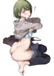  1girl :o ? apron_removed ass backbone barefoot black_pants blush butt_crack clothes_pull eyebrows_visible_through_hair green_eyes grey_hoodie highres holding_hoodie hood hoodie hoodie_lift idolmaster idolmaster_shiny_colors lifted_by_self liu_chi_tiantang_fr looking_at_viewer nanakusa_nichika panties pants pants_pull panty_pull ringed_eyes short_hair sideways_glance simple_background sitting solo sweatdrop underwear undressing wariza white_background 