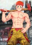  1boy abs axe briefs closed_mouth firefighter highres looking_at_viewer male_focus male_underwear male_underwear_peek muscular muscular_male original pants rain red_hair red_male_underwear smile solo suiton00 suspenders underwear water_drop yaoi 
