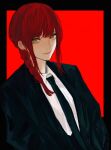 1girl @_@ black_border black_necktie black_neckwear black_suit border braid chainsaw_man closed_mouth eyelashes formal hands_in_pockets highres long_hair looking_at_viewer makima_(chainsaw_man) necktie noroma02 red_background red_hair simple_background smile solo suit yellow_eyes 