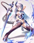  1girl absurdres bangs bare_shoulders black_footwear blue_eyes blue_hair boots closed_mouth full_body highres holding holding_sword holding_weapon honkai_(series) honkai_impact_3rd horns liliya_olenyeva long_hair looking_at_viewer navel nay shadow single_horn sleeveless solo squatting sword tail thick_eyebrows thigh_boots thighhighs weapon 