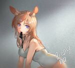 1girl absurdres animal_ear_fluff animal_ears arknights artist_name bare_shoulders blonde_hair blue_eyes breasts cleavage collarbone covered_navel dated duk621 gradient gradient_background grey_background grey_leotard highres horse_ears leotard long_hair looking_at_viewer medium_breasts mouth_hold solo whislash_(arknights) 