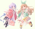  2girls :o animal_hood asymmetrical_legwear blush bow bow_hairband brown_hair bunny_hood choker dress eyebrows_visible_through_hair green_jacket hair_ornament hairband hairclip highres hood indie_virtual_youtuber jacket jacket_partially_removed jumping long_hair looking_at_viewer m_ydayo medium_hair multiple_girls nanahira official_art open_hand open_mouth orange_eyes outstretched_arm pink_jacket purple_eyes purple_hair reaching reaching_out ribbon ribbon-trimmed_skirt ribbon_trim shoes striped striped_legwear suzumi_shiro_(singer) very_long_hair vocaloid vsinger white_background 