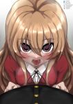  1girl 1other absurdres aisaka_taiga black_ribbon brown_eyes brown_hair highres long_hair looking_at_viewer neck_ribbon oohashi_high_school_uniform open_mouth pov ribbon school_uniform tomodachi_(tomofanart) toradora! upper_body 