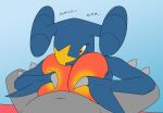  anthro barely_visible_genitalia barely_visible_penis big_breasts blue_background blue_body breast_play breasts creatiffy female garchomp genitals hi_res male male/female nintendo penis pok&eacute;mon pok&eacute;mon_(species) sex simple_background titfuck video_games 
