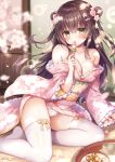  1girl bangs black_hair blurry blurry_foreground blush breasts brown_eyes cleavage commentary_request cup dango depth_of_field double_bun eyebrows_visible_through_hair feet_out_of_frame floral_print flower food frilled_kimono frilled_panties frilled_sleeves frills hair_between_eyes hair_flower hair_ornament hand_up highres holding holding_food japanese_clothes kimono long_hair long_sleeves looking_at_viewer medium_breasts mitsuba_choco nail_polish no_shoes obi off_shoulder original panties parted_lips pink_flower pink_kimono pink_nails print_kimono sanshoku_dango sash sleeves_past_wrists solo thighhighs tray underwear very_long_hair wagashi white_flower white_legwear white_panties wide_sleeves 