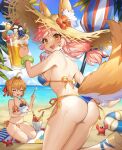  2girls ahoge animal_ear_fluff animal_ears ass back bangs beach beach_umbrella bikini blonde_hair blue_bikini blue_sky blush bracelet braid breasts closed_eyes crab cup fate/extra fate/grand_order fate_(series) food fox_ears fox_girl fox_tail french_braid hair_bun hair_intakes hair_ribbon hat ice_cream ice_cream_float jewelry large_breasts long_hair looking_at_viewer looking_back marinette mug multiple_girls necklace nero_claudius_(fate) nero_claudius_(fate/extra) ocean open_mouth orange_bikini pink_hair polka_dot polka_dot_bikini red_ribbon ribbon shore sidelocks sky small_breasts smile straw_hat swimsuit tail tamamo_(fate) tamamo_no_mae_(swimsuit_lancer)_(fate) thighs thong umbrella yellow_eyes 